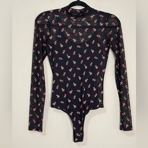 Hollister Co. Juniors Bodysuit Size XS Black Mesh Mockneck Rose Snap Closure Top